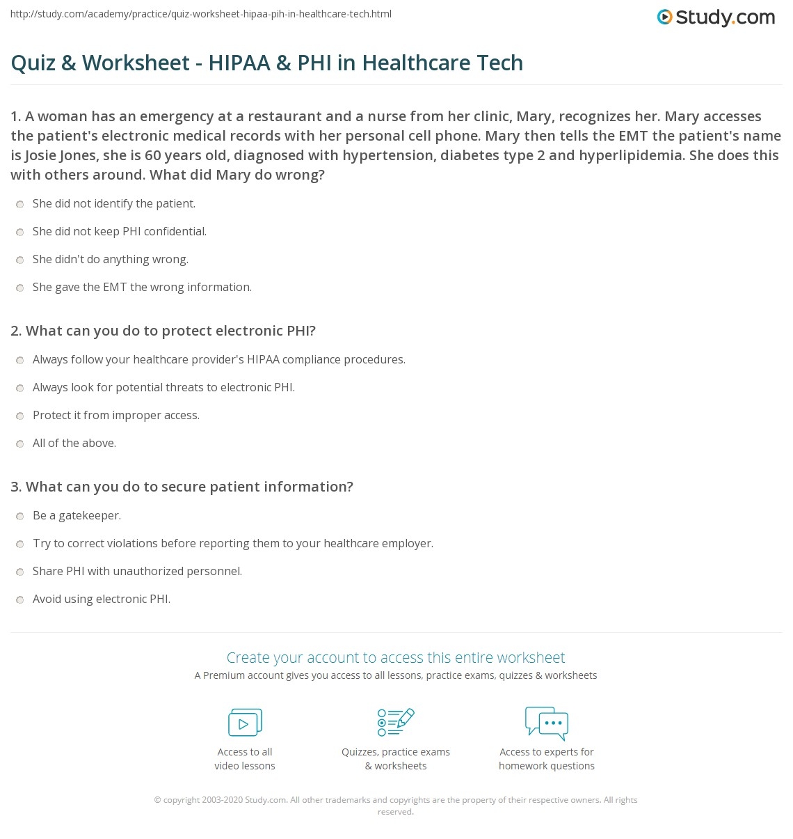 Quiz Worksheet HIPAA PHI In Healthcare Tech Study