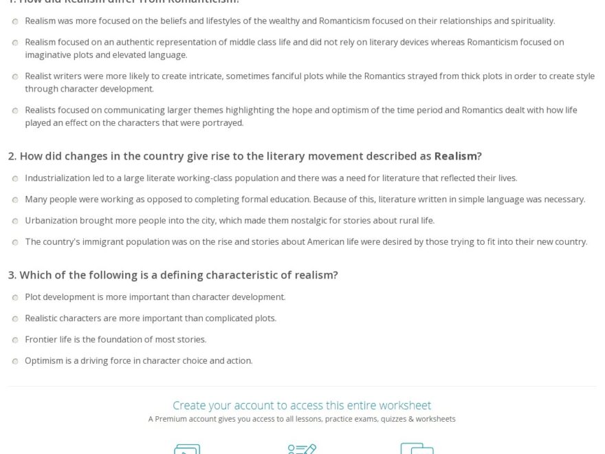Quiz Worksheet Literary Realism Study