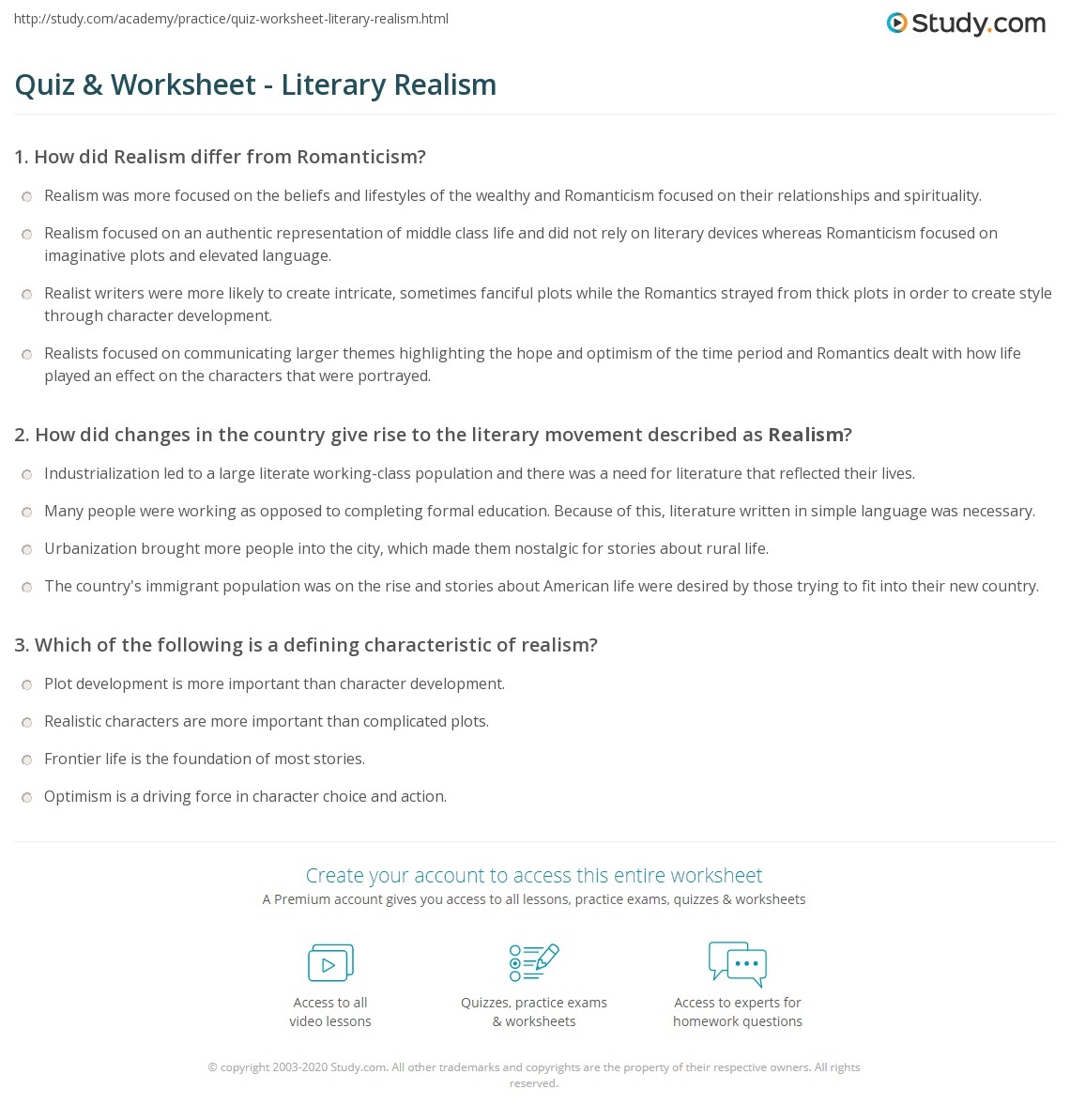 Quiz Worksheet Literary Realism Study