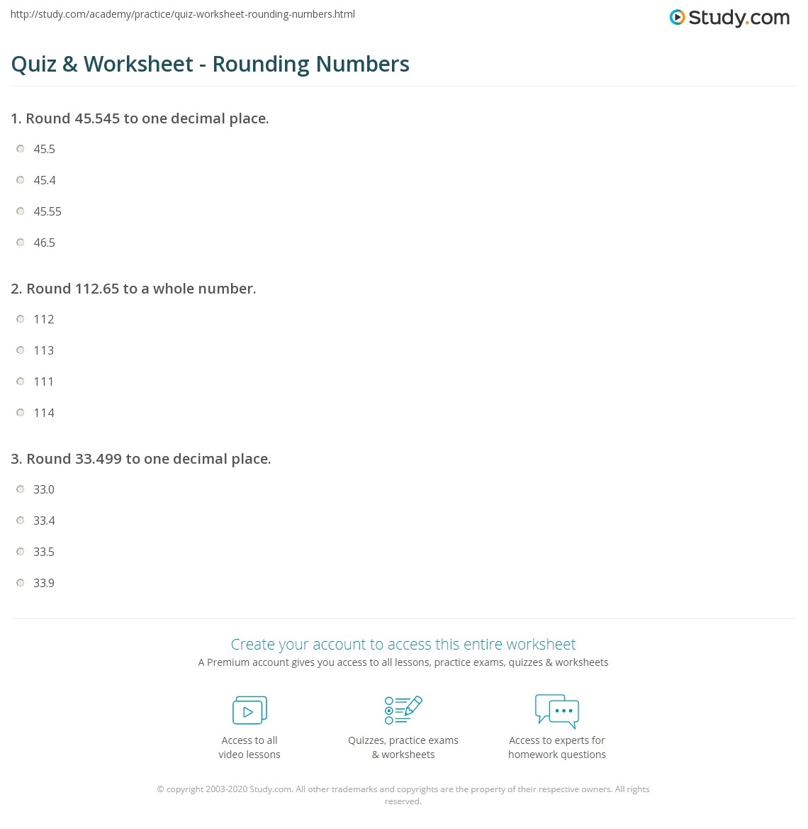 Quiz Worksheet Rounding Numbers Study