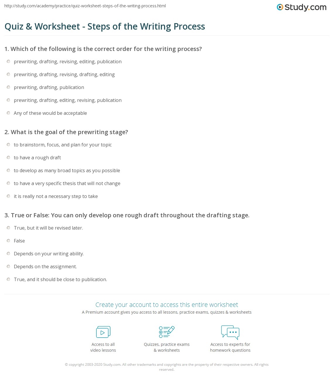 Quiz Worksheet Steps Of The Writing Process Study