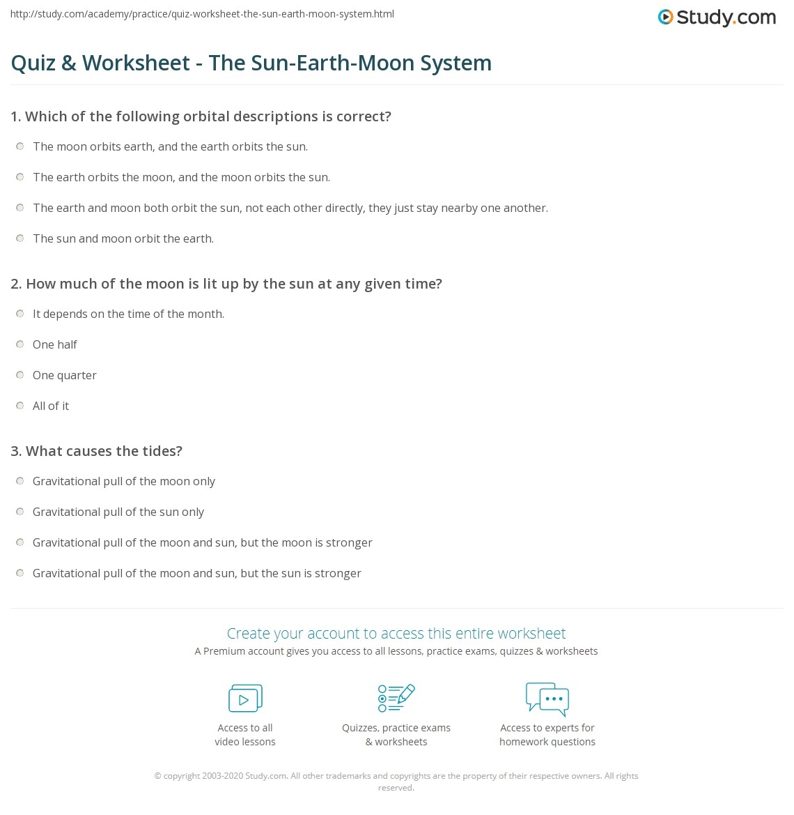 Quiz Worksheet The Sun Earth Moon System Study