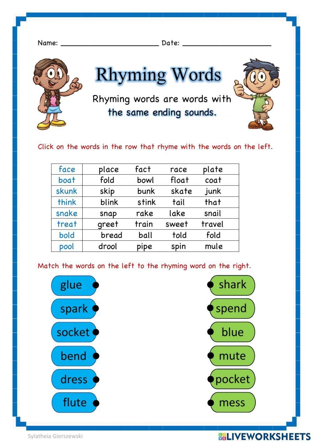 Third Grade Printable Rhyming Word Lists