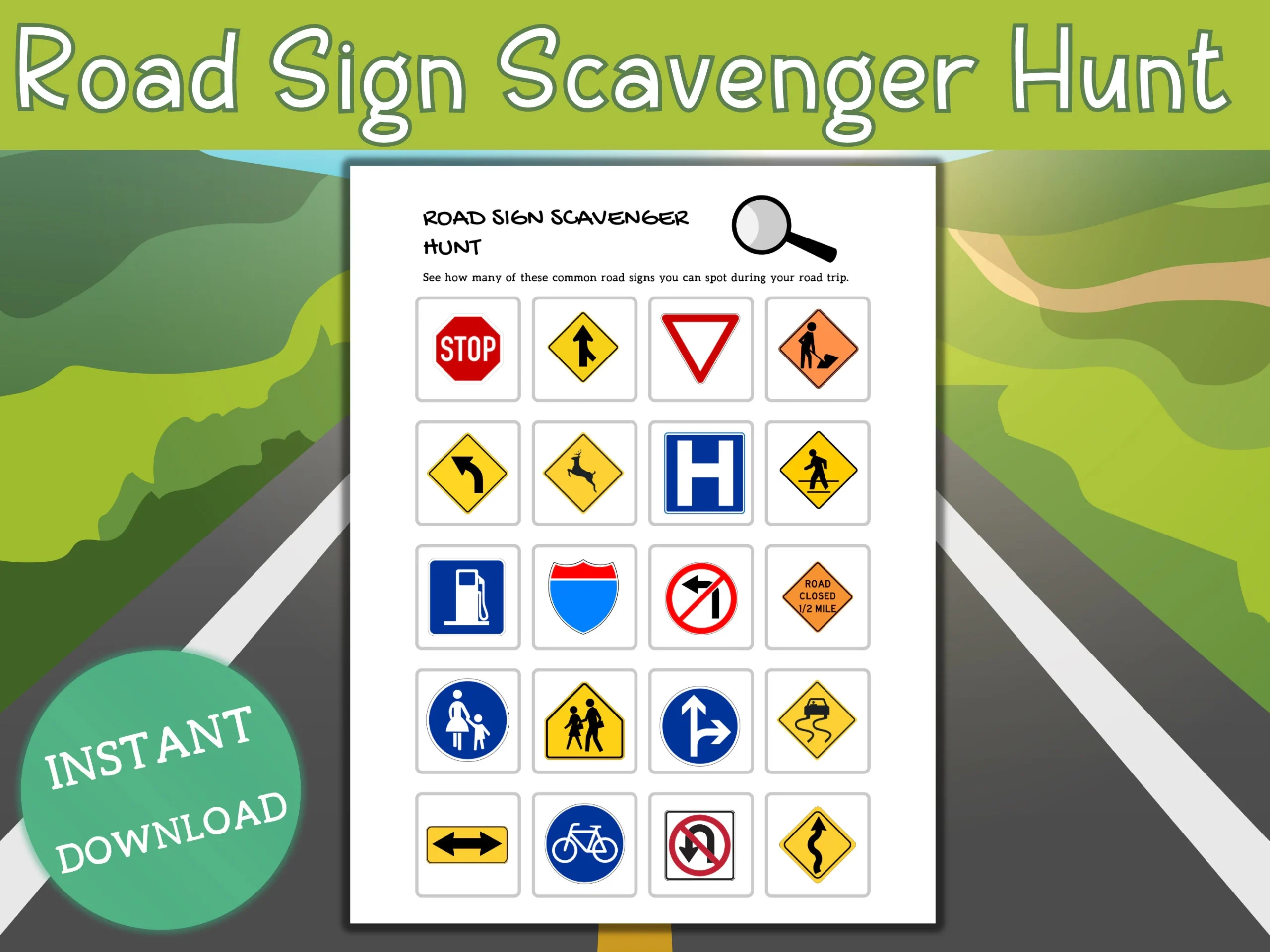 Road Sign Scavenger Hunt Game Printable Printable Travel Games Long Road Trip Games Travel Activities For Kids Etsy