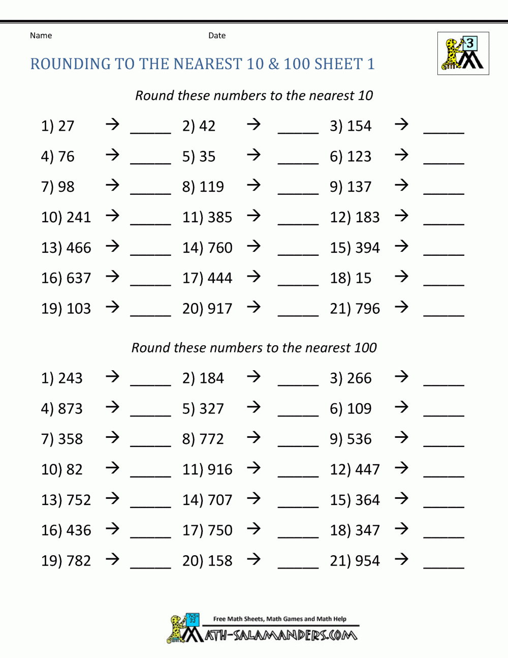 Printable Quiz On Rounding Numbers