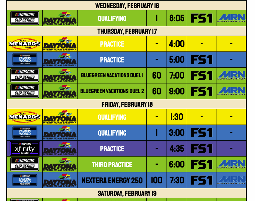 Schedule For Daytona Speedweek R NASCAR