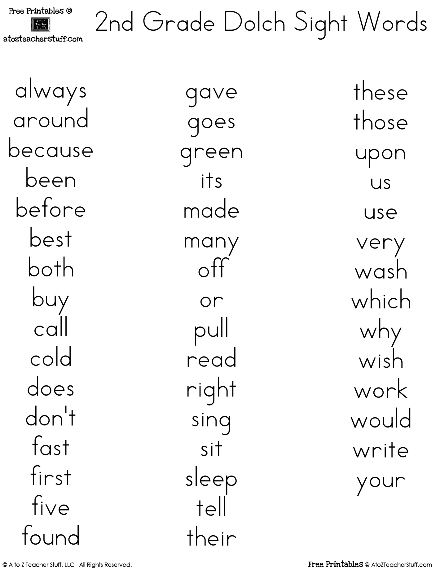 Second Grade Dolch Sight Word Printables A To Z Teacher Stuff Printable Pages And Worksheets