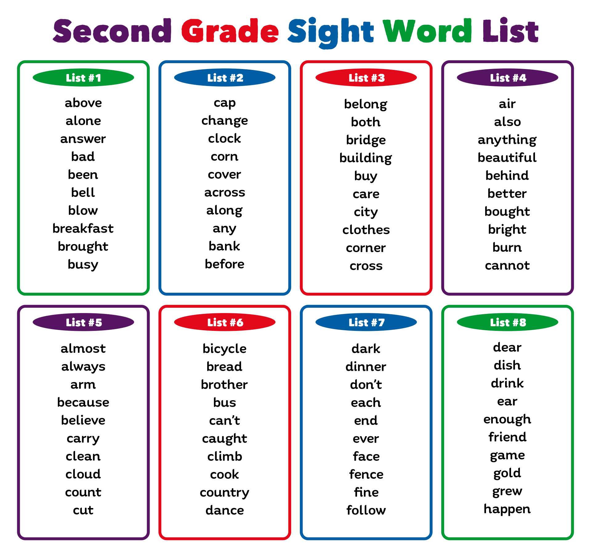 Printable Second Grade Sight Word List