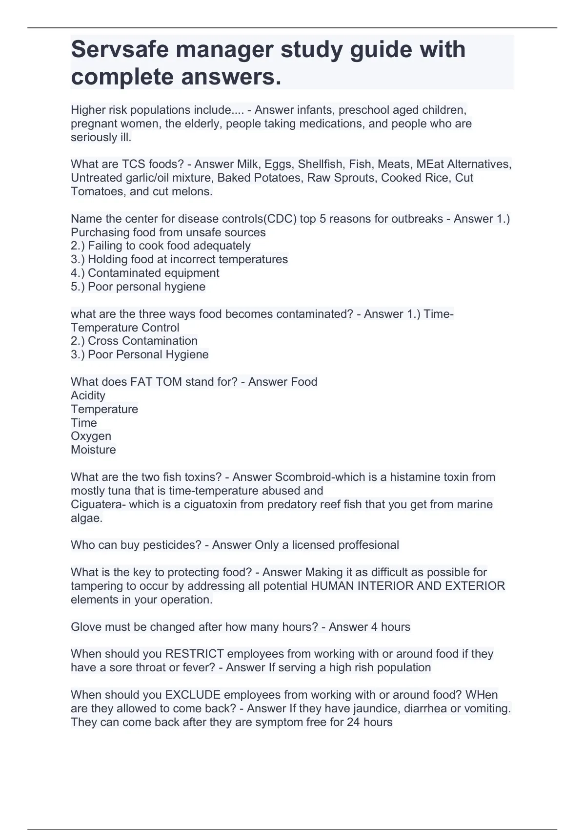 Servsafe Manager Study Guide With Complete Answers ServSafe Manager Stuvia US Servsafe Manager Study Guide With Complete Answers ServSafe Manager Stuvia US