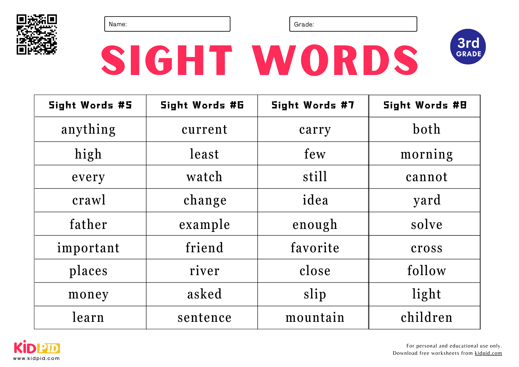 3rd Grade Spelling List Printable