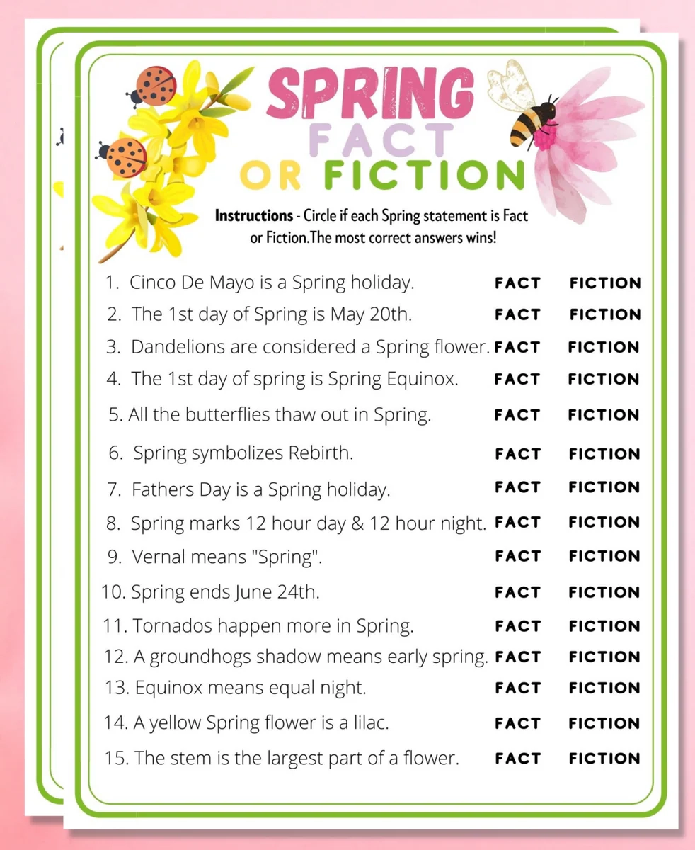 Spring Fact Or Fiction Printable Game Kids Adults Fun Trivia Activit Enjoymyprintables