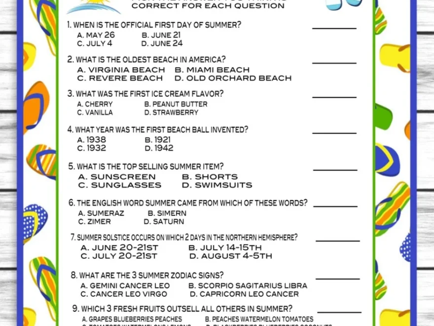 Summer Party Family Reunion Trivia Game Printable Kids Activity Sheet Enjoymyprintables