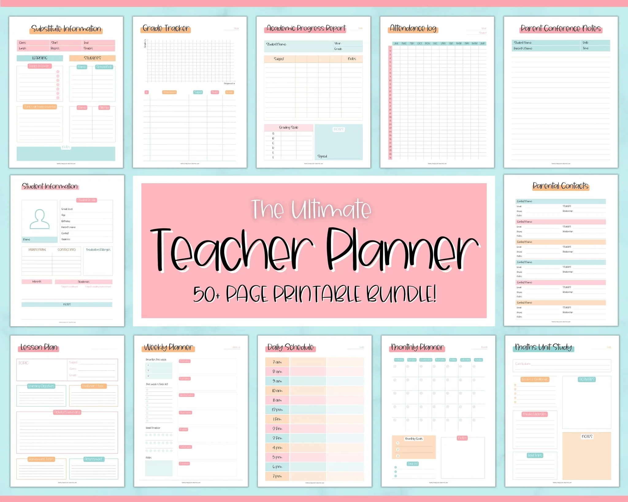 Teacher Planner Printable Academic Lesson Plans Colorful