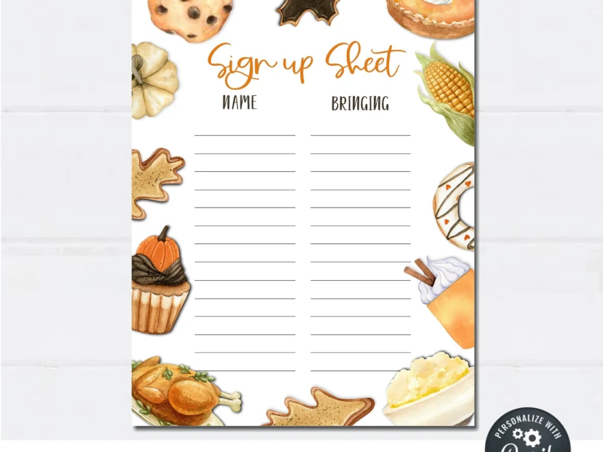 Thanksgiving Potluck Sign Up Sheet Editable DIY Form digital Download TG Etsy