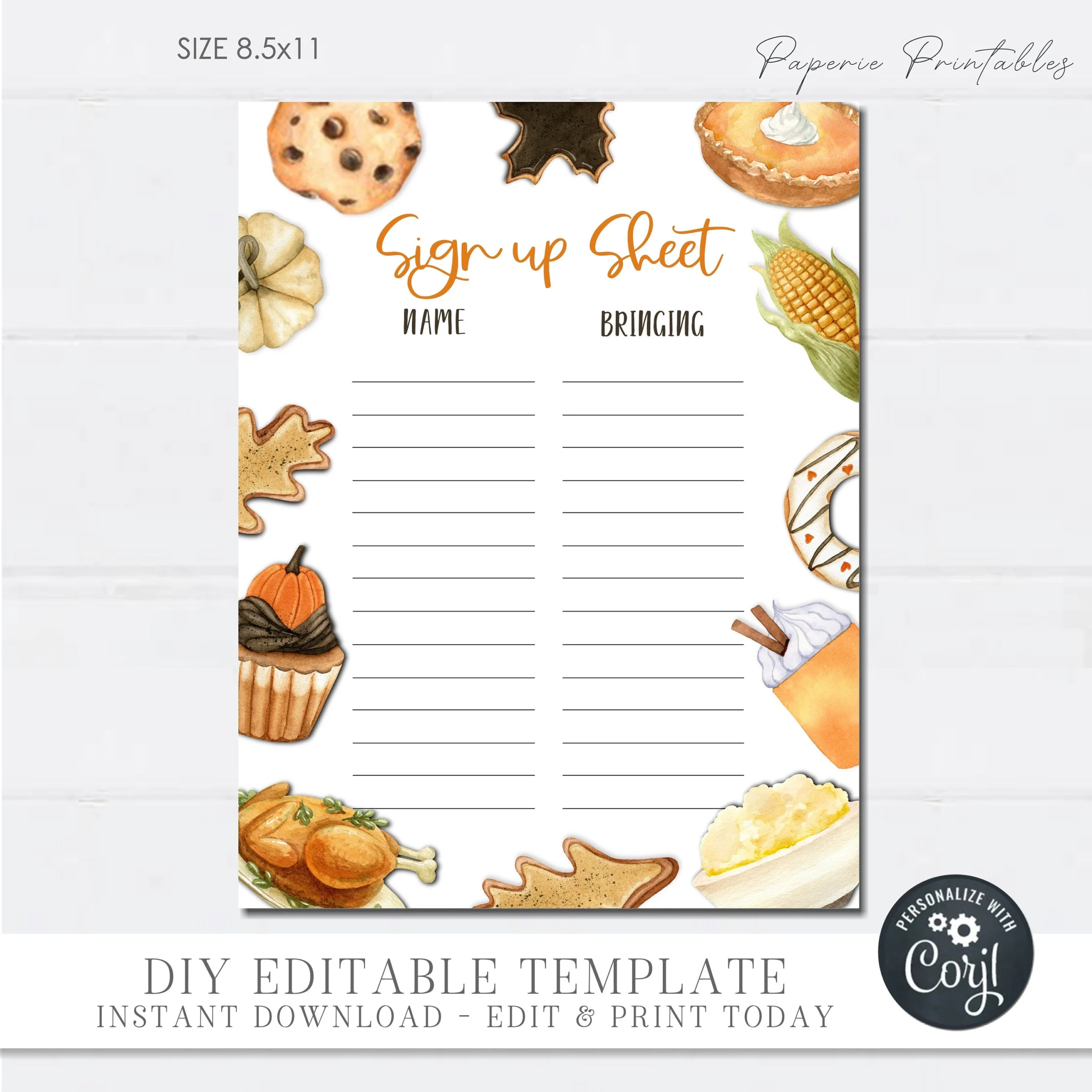 Thanksgiving Potluck Sign Up Sheet Editable DIY Form digital Download TG Etsy