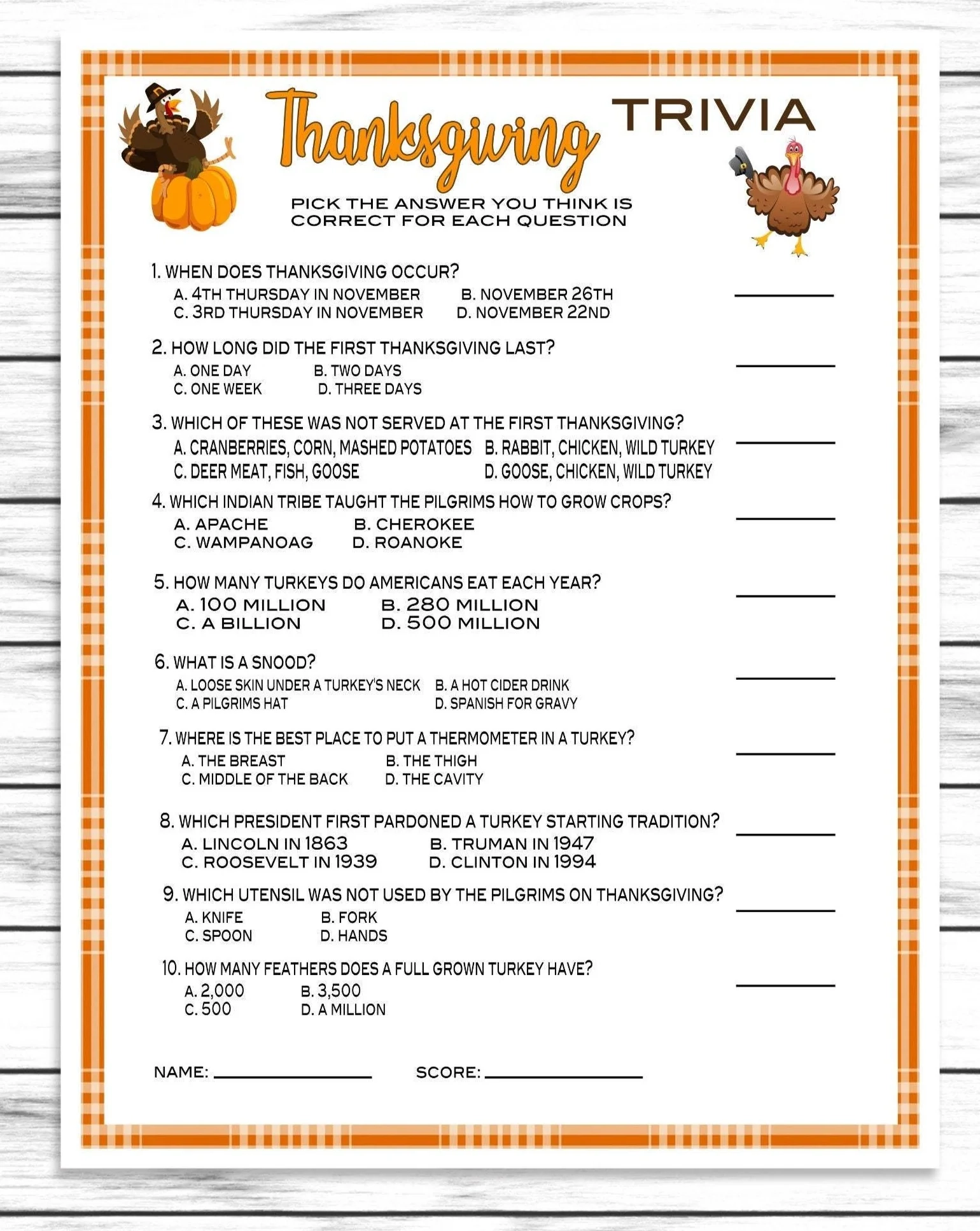 Printable Thanksgiving Trivia Quizz For Kids