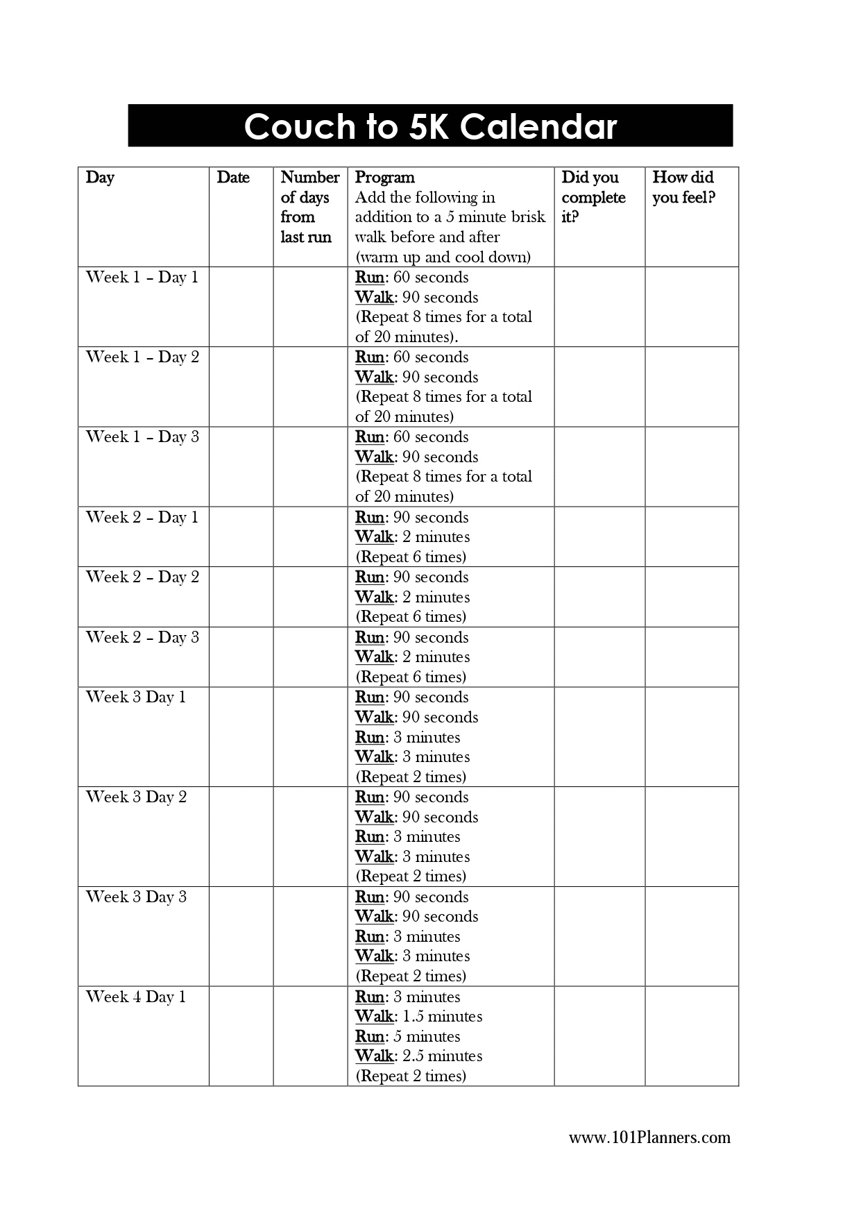 C25k Training Schedule Printable