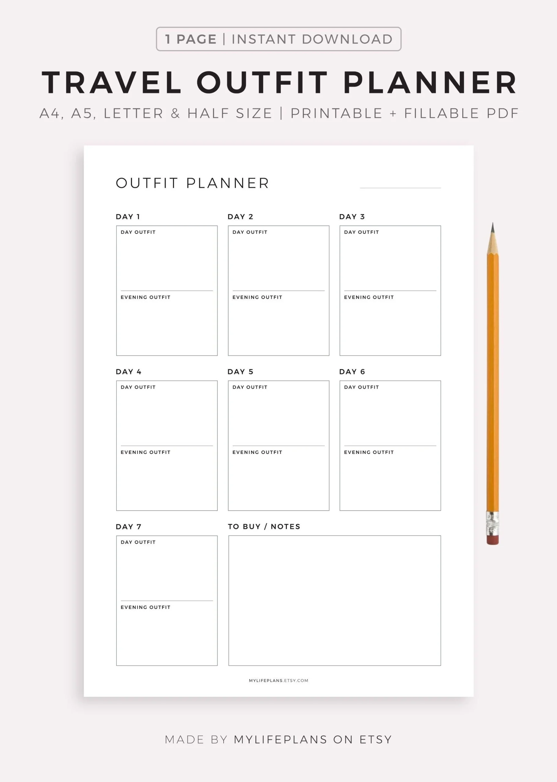 Travel Outfit Planner Printable Template Daily Outfit Planner For Business Trip Vacation Travel Packing List Suitcase Planning Etsy Sweden