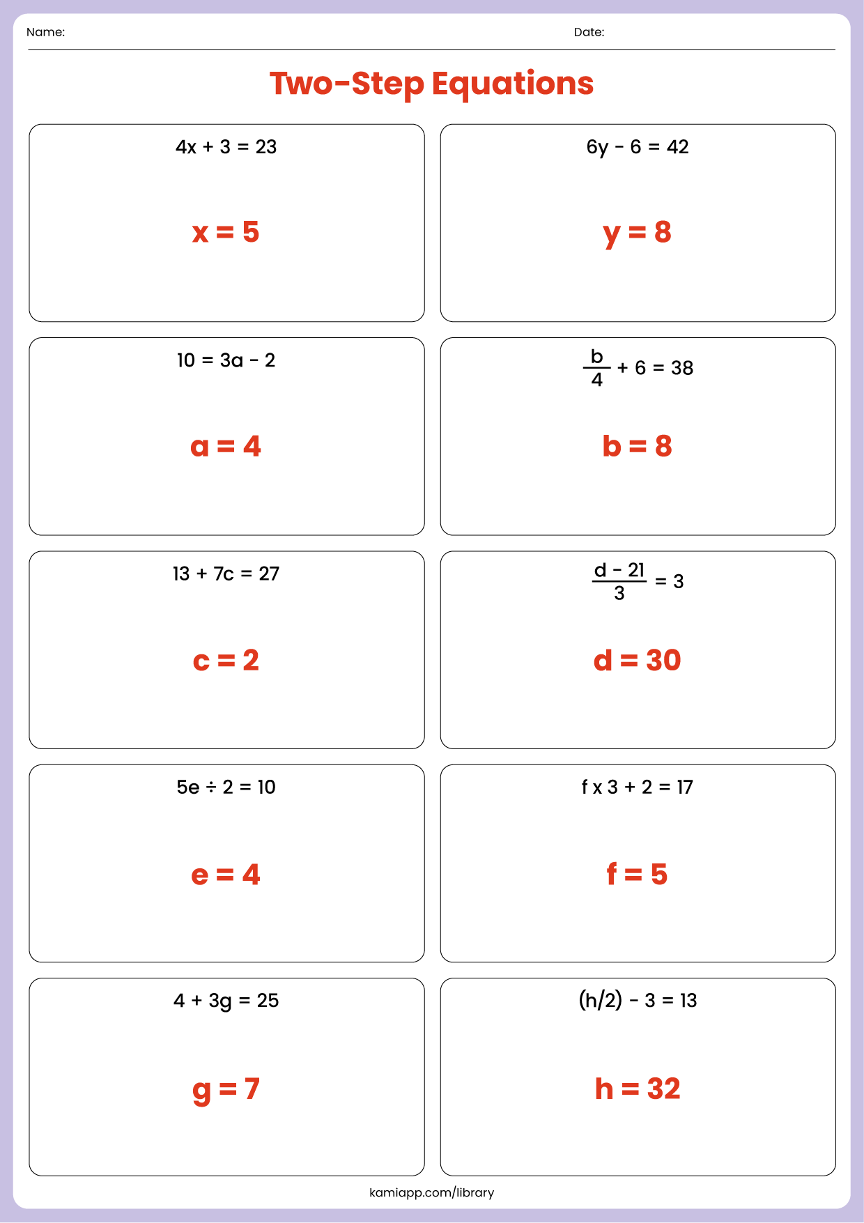 Two Step Equation Quiz Printable Two Step Equation Quiz Printable