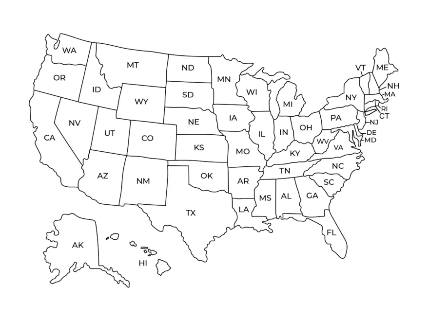 United States USA Map With States Labeled Printable Black And White Etsy