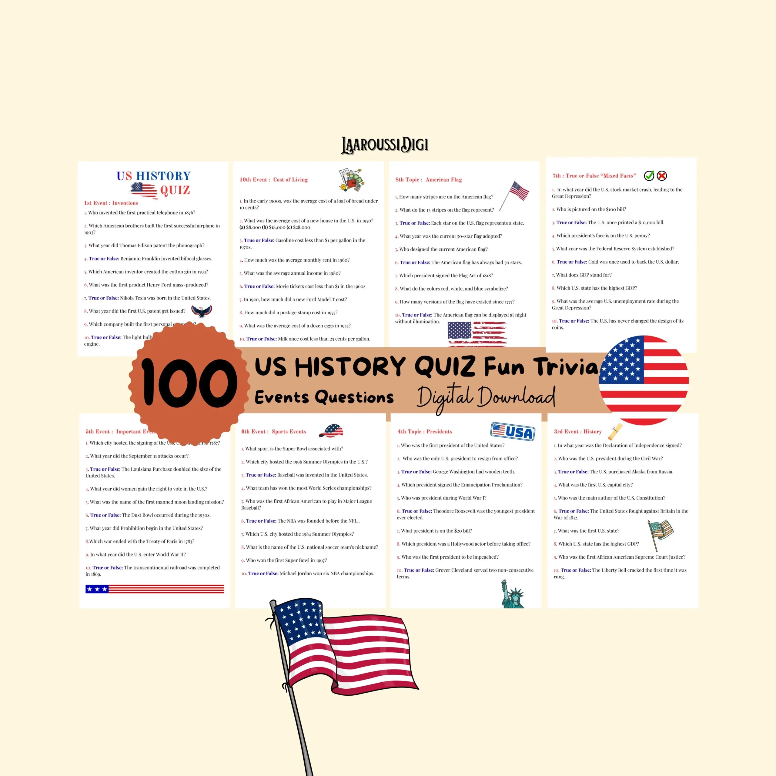 US History Trivia Game 100 Printable Questions American Quiz For Trivia Night Classroom Family Gathering Educational digital Download Etsy