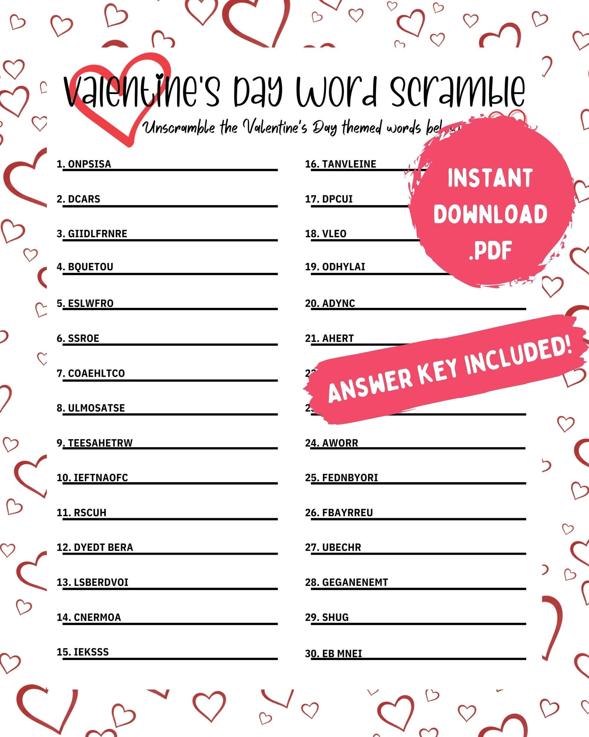 Valentine s Day Word Scramble Game Printable Activity PDF Etsy