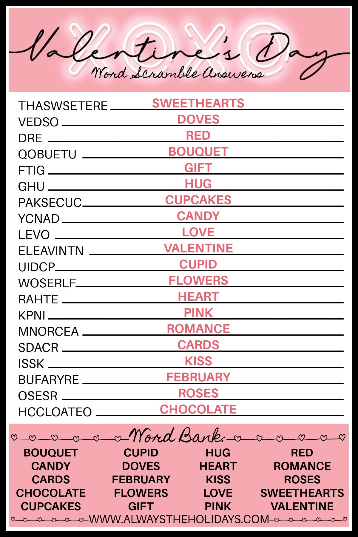 Valentine s Day Word Scramble With Answers Valentine s Printable