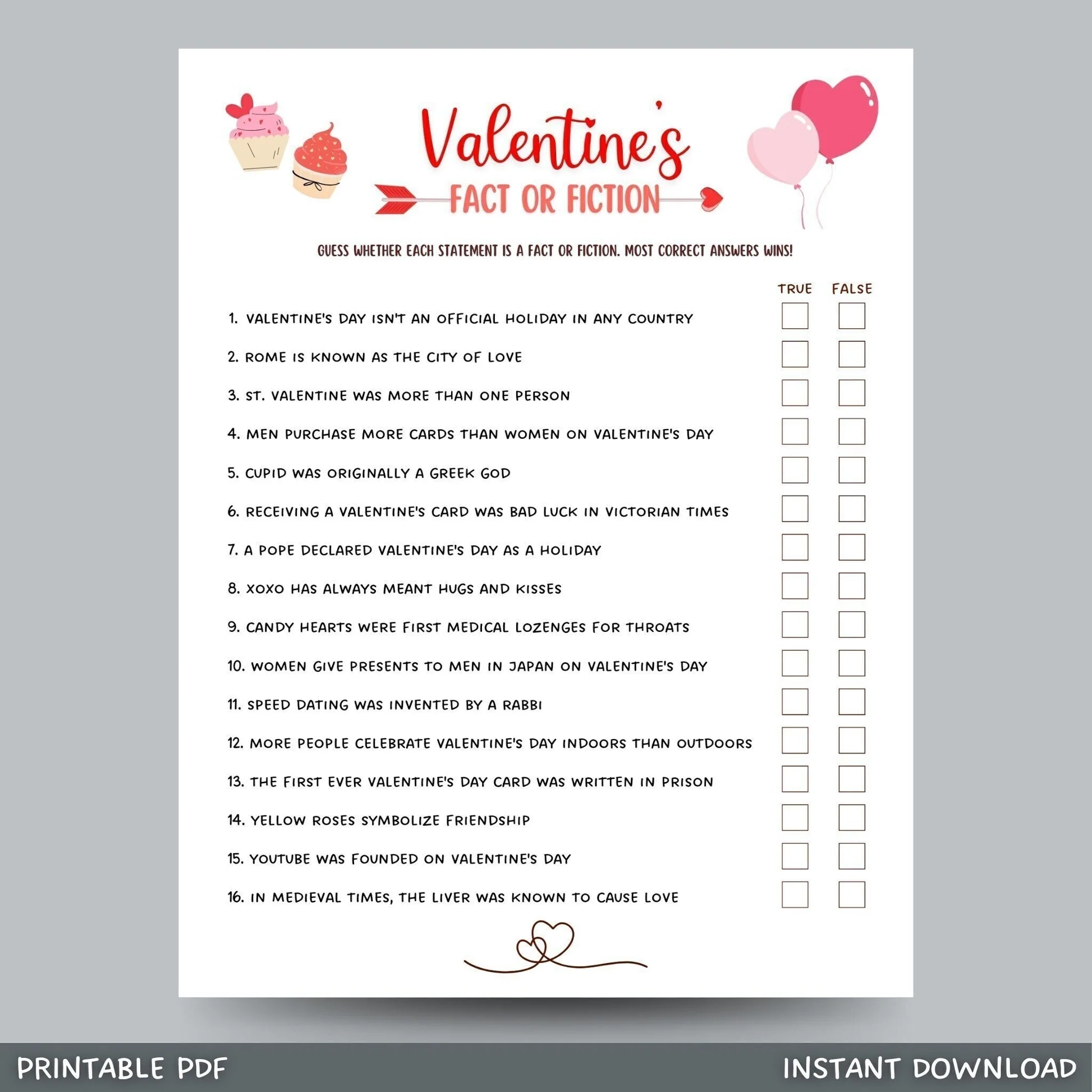 Valentines Day Fact Or Fiction Game Printable True Or False Trivia Ac Scribbled LLC Valentines Day Fact Or Fiction Game Printable True Or False Trivia Ac Scribbled LLC