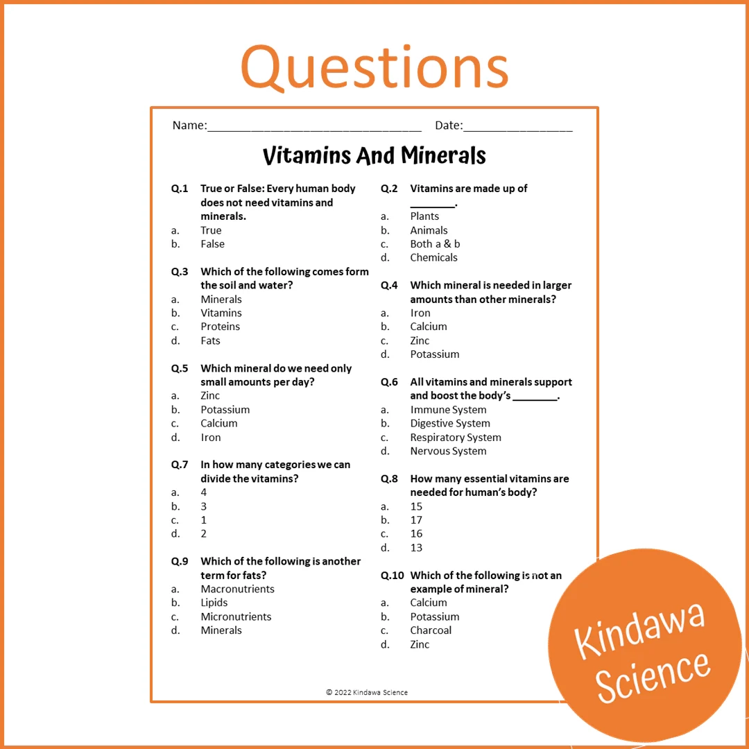 Vitamins And Minerals Reading Comprehension Passage And Questions Pr PrintableBazaar
