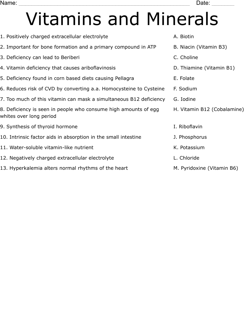 Vitamins And Minerals Worksheet WordMint