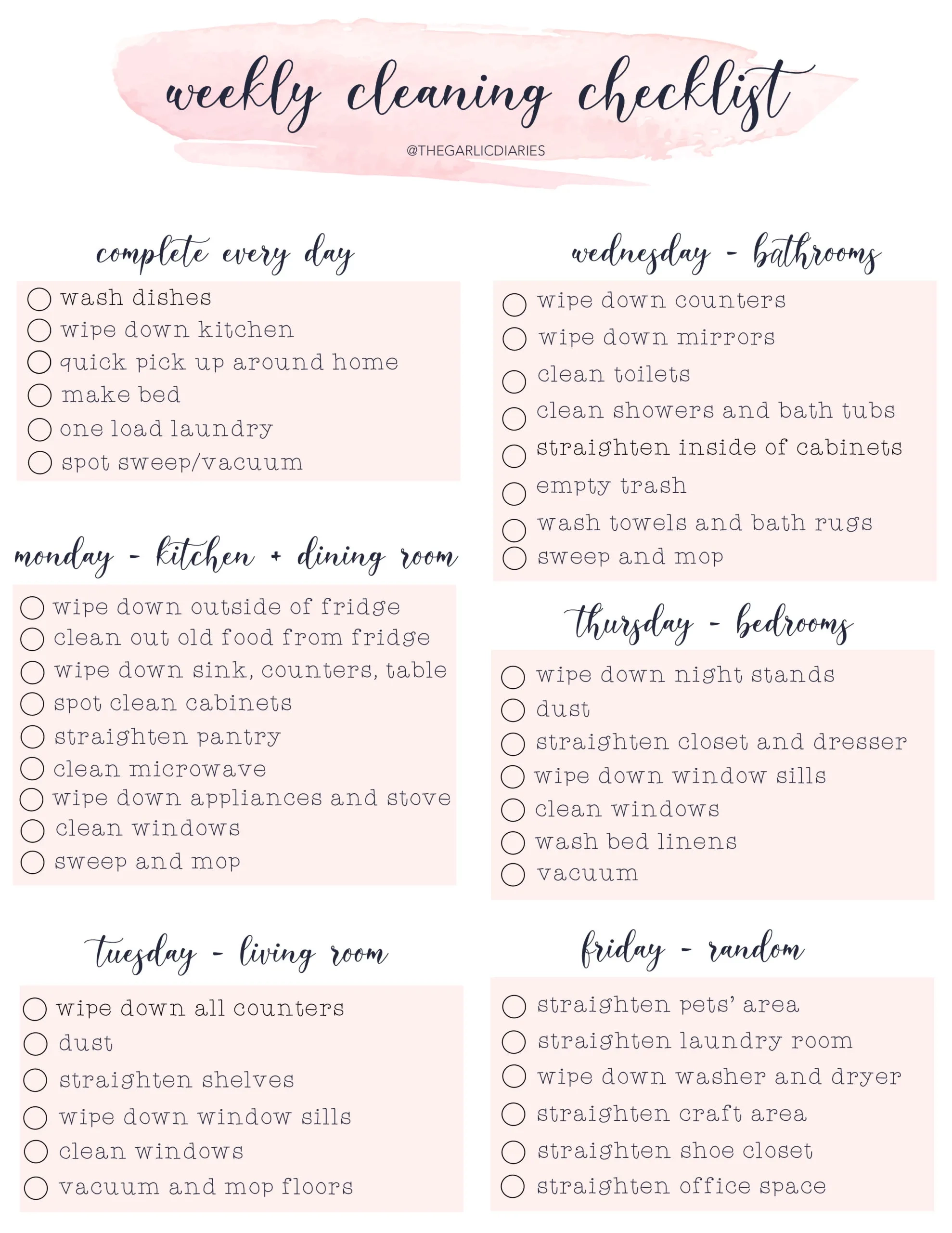 Weekly Cleaning Checklist with Free Downloadable 