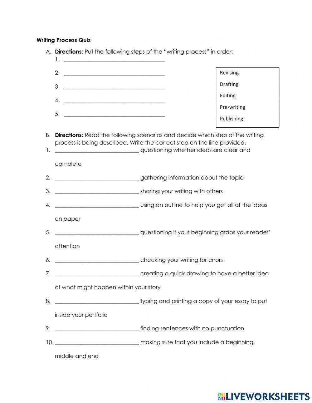 Writing Process Quiz Worksheet Live Worksheets Worksheets Library