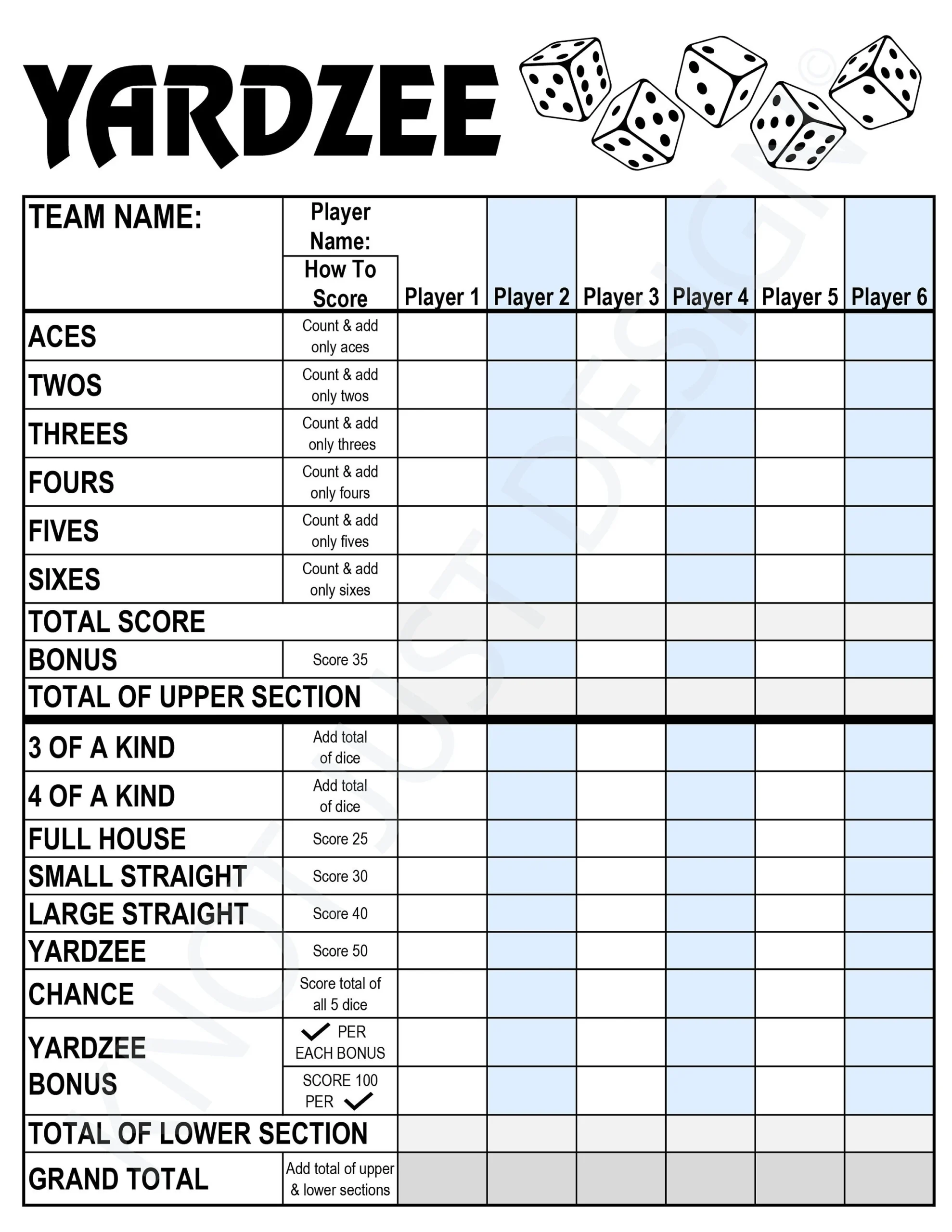 Printable Full-Sheet Yardzee Score Sheet Free